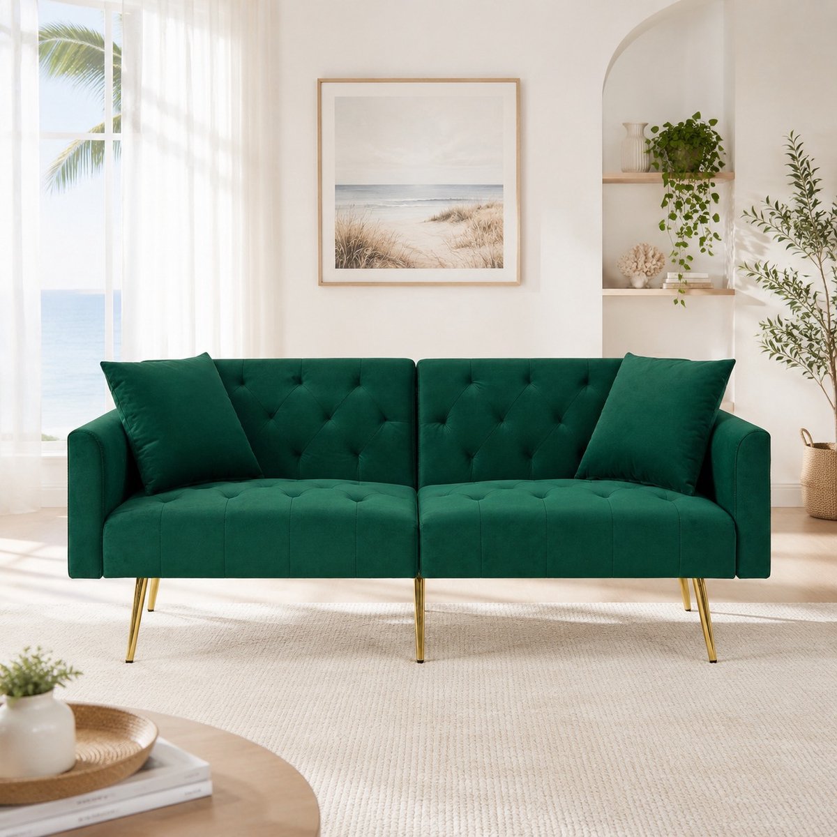 COVREO 2-zits slaapbank 177 x 78 x 74 cm - groen velvet, metalen poten, 2 kussens