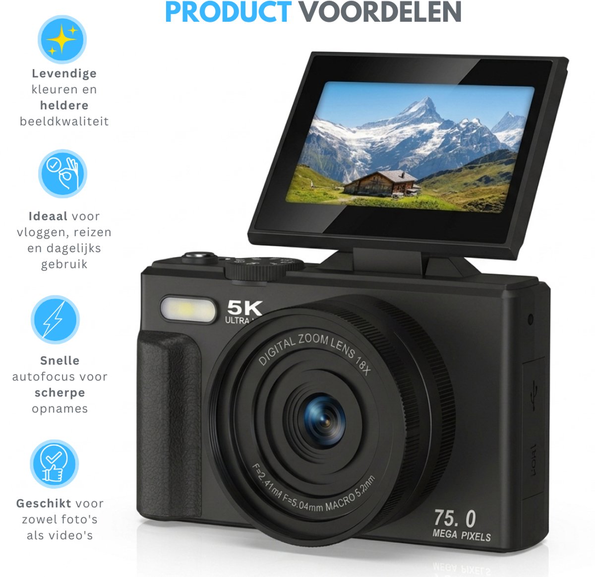 Livista Digitale Camera 5K - 75MP - 18X Digitale Zoom - Incl. 64GB SD Kaart thumbnail 3