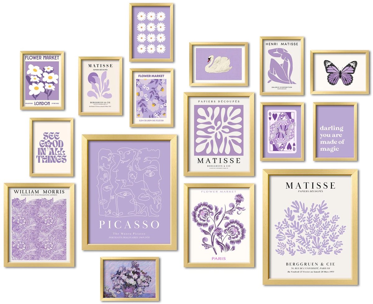 SnelShoppen - 16 Stuks Paarse Wanddecoratie Matisse Gallery Muurprints - Lichtpaarse Posters voor Slaapkamer en Kamer Esthetisch - Collagekit Foto's v