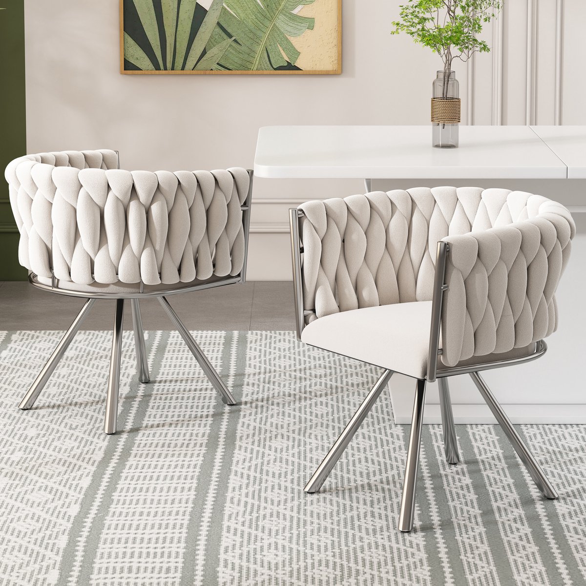 COVREO Eetkamerstoel set van 2 59x54x72 cm - beige velvet, draaibaar, metalen onderstel
