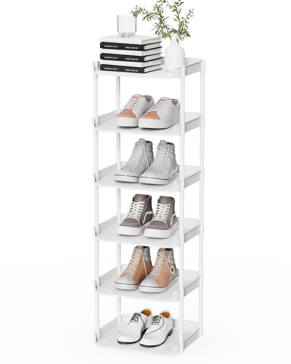 SnelShoppen - Smal Schoenenrek 6 Niveaus, Ruimtebesparend en Stapelbaar, Hoog Plastic Rek voor Trap, Hal, Keuken en Slaapkamer, Wit, Verticaal Design