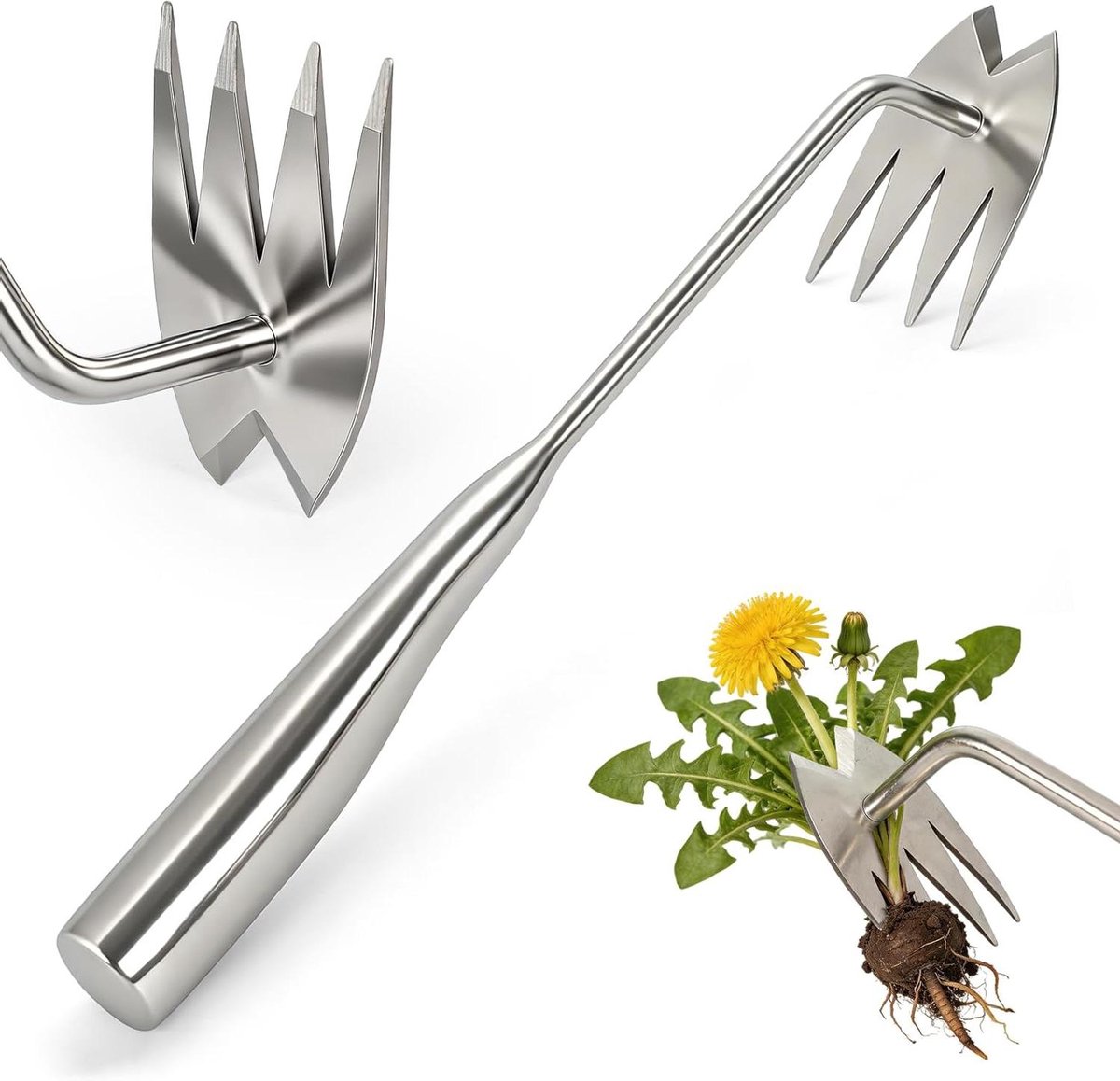 Onkruidverwijderaar Tuin - Onkruidsteker Hark - Onkruid Wieden - Ergonomische Antislip Grip - 345 cm Steel - Zilver