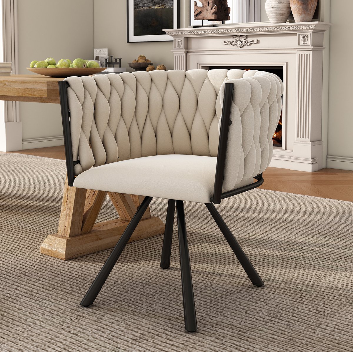 COVREO Eetkamerstoel 59 x 54 x 72 cm - beige velvet, draaibaar, met armleuningen