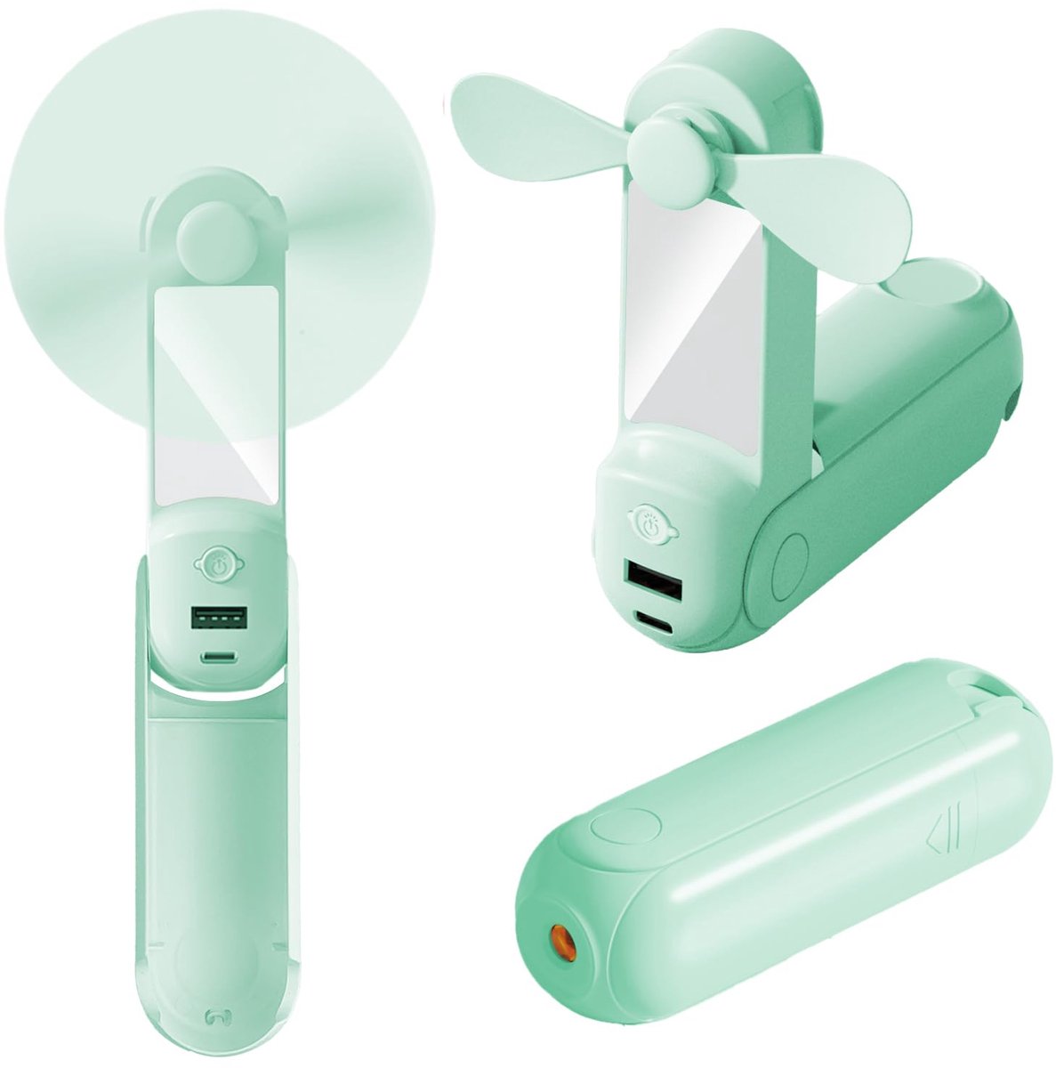 SnelShoppen - CNMTCCO Handventilator 5-in-1 Mini Oplaadbaar USB Opvouwbaar met Schouderriem Powerbank Zaklamp Spiegel Telefoonhouder Groen voor Kantoo