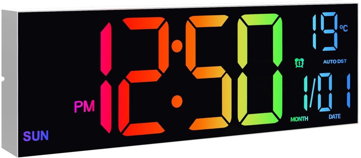 Stervia Digitale Wandklok - Digitale Klok - LED Display - 9 Kleuren - Temperatuurweergave - Zwart - 38.1 x 4 x 12.7 cm