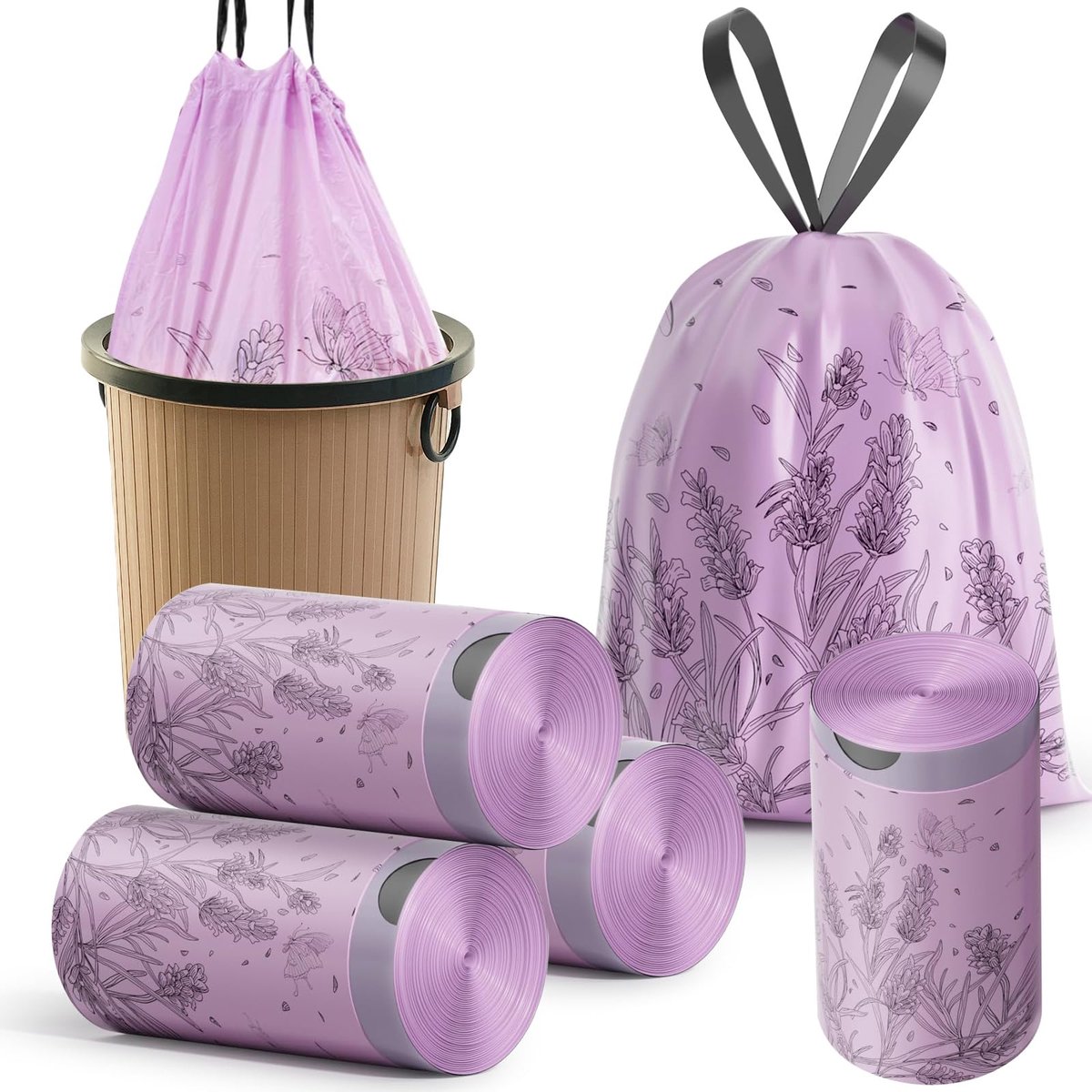 SnelShoppen - 200 Stuks Lavendel Geurende Vuilniszakken 2,6 Gallon (10-15L) met Trekkoorden voor Keuken, Badkamer en Thuiskantoor - Frisse Geur en Moo