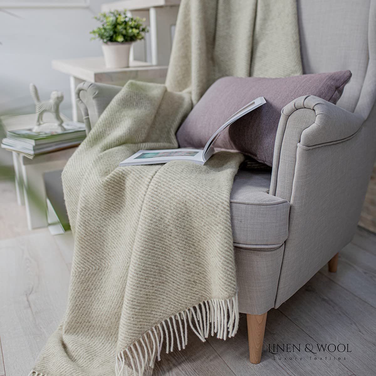 SnelShoppen - Multifunctionele Linen & Cotton Wollen Deken Alaska - 100% Nieuw-Zeelandse Wol, Beige, 140x220 cm - Bankdeken, Plaid, Bedsprei, Winterde