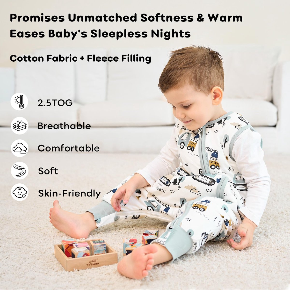 SnelShoppen - Unnivoll Babyslaapzak met Voeten 2,5 TOG - Winter Slaapzak Katoen - Warm en Zacht - 70 cm - Graafmachine Print - Voor Jongens en Meisjes