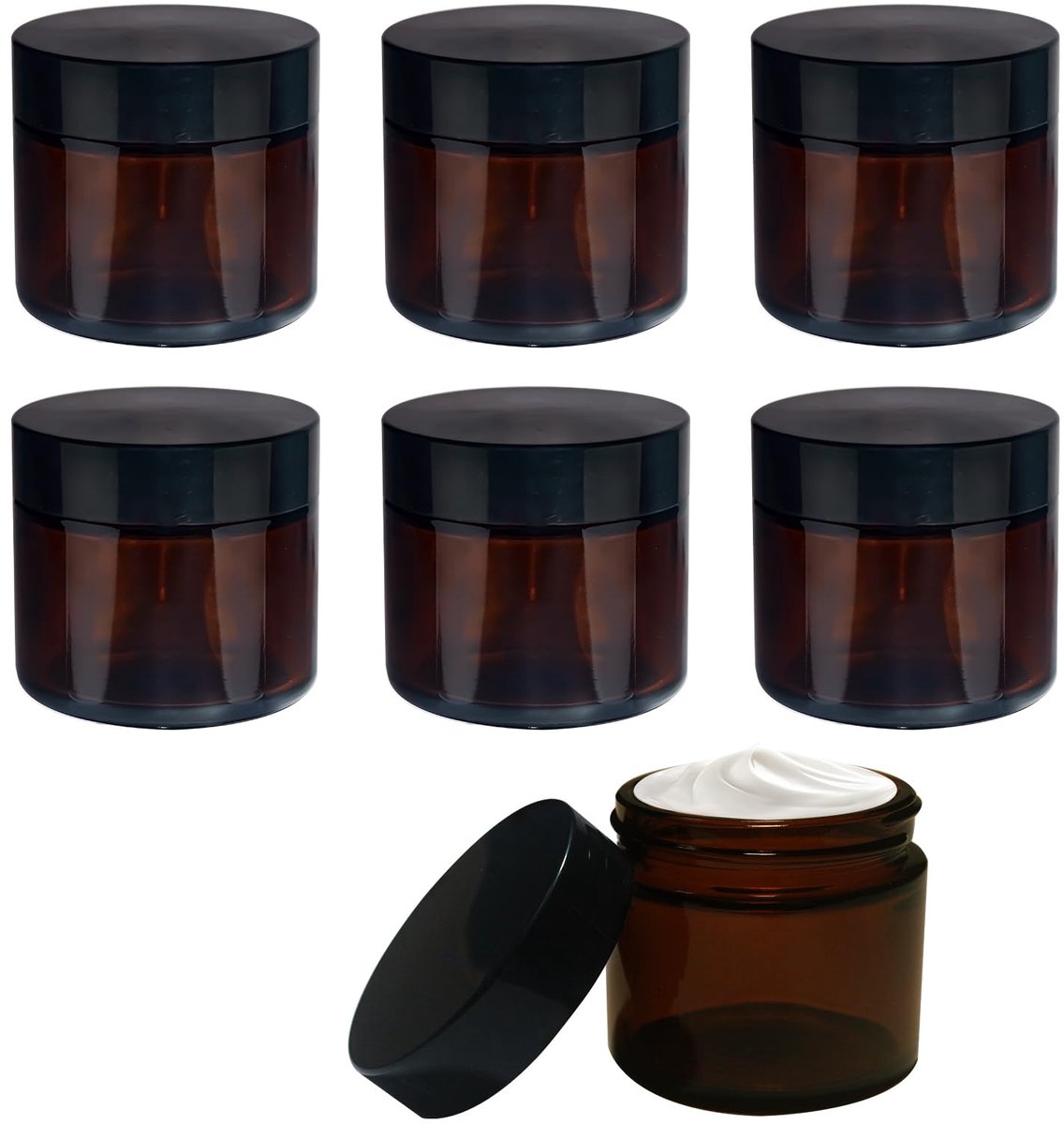 SnelShoppen - 7 Stuks Crèmepotjes 60ml Bruin Glazen Zalfpotje met Deksel - Lege Amber Glazen Pot voor Cosmetica, Lotions en Crèmes - Perfect voor Reiz