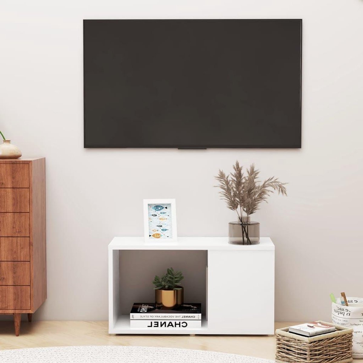 TV Kast - TV Meubel Dressoir - Opbergen Media - Open Compartimenten - 60x24x32 cm - Wit