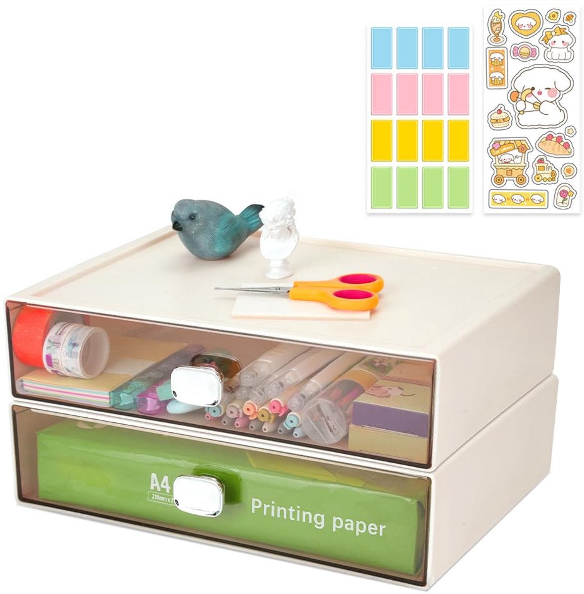 SnelShoppen - 2 Stuks Bureauladebox met 2 Laden - Stapelbare A4 Bureau-Organizer - Kunststof Kantoorknutselopbergdoos - Met Etiketten - Ideaal voor Sc