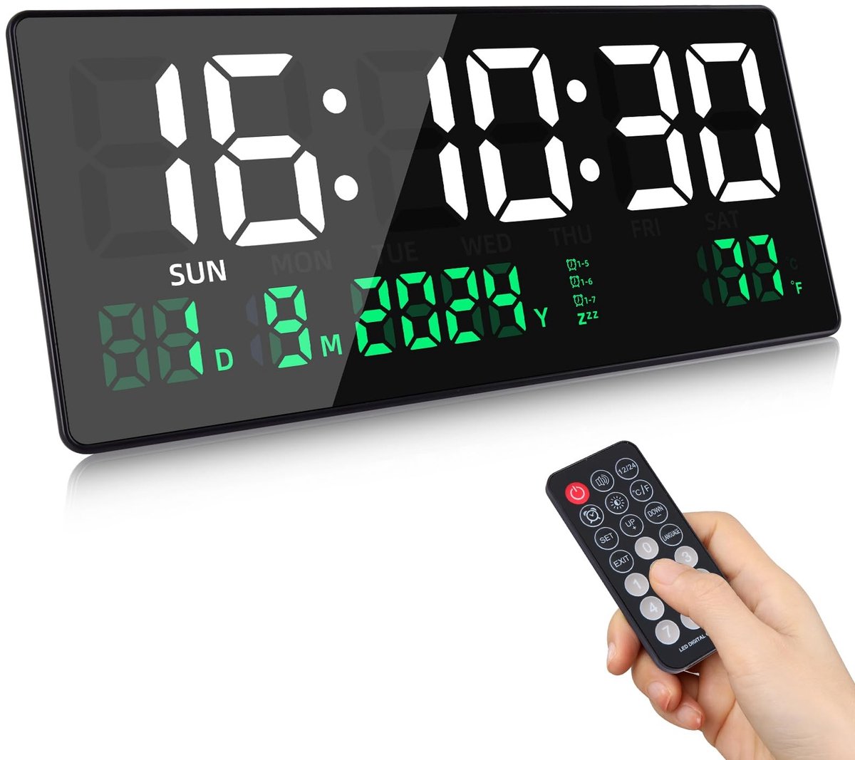 Dailygoods- Wandklok Digitale Groot Display - 36,5 x 16 cm - LED - Afstandsbediening - Tijd/Datum/Temperature - Schokbestendig - Meertalige Handleiding - Digitale Klok