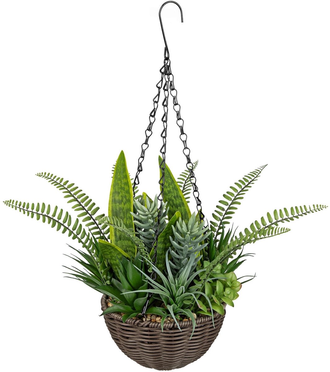 Dailygoods - Kunstmatige Hangplant met Varens en Vetplanten - Realistische Binnenplant in Zwarte Mand