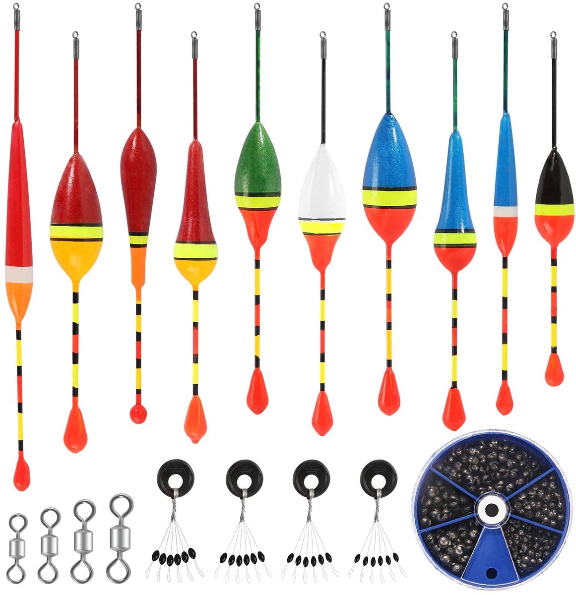 Dailygoods - Float Satz voor Vissen - 10 Stuks Floats met Rubber Stoppers en Lood Gewichten