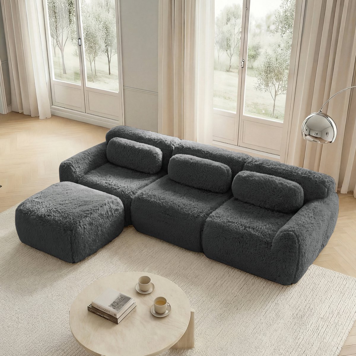COVREO L-vormige modulaire bank 291 x 179 x 73 cm - grijs pluche, 3-zits, zonder montage