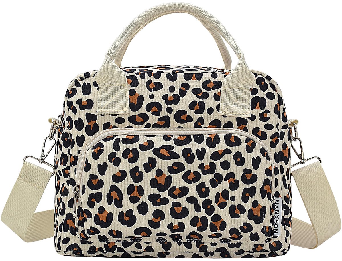 SnelShoppen - Geïsoleerde Lunchtas 12L voor Dames en Heren, Herbruikbare Corduroy Koeltas, Luipaard Zwart, Ideaal voor Werk, Picknick en Reizen