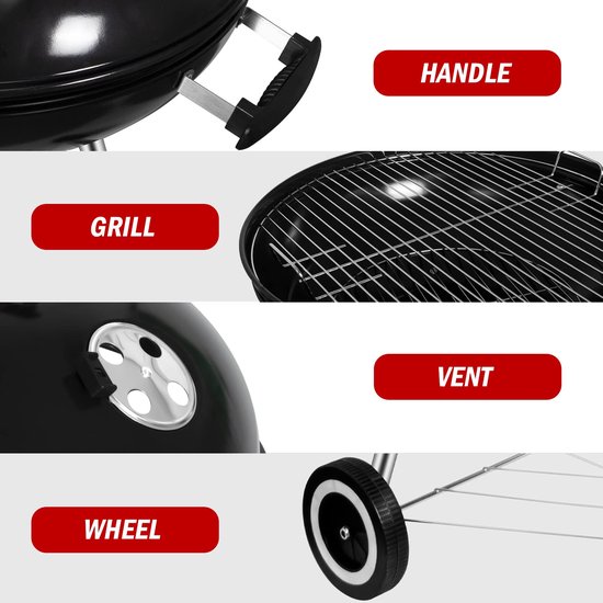 Kogelbarbecue 57 cm met Deksel - Houtskool BBQ Grillwagen met Wielen en Luchtklep - Ronde Barbecue van Emaille en RVS voor 5-10 Personen - Voor Tuin, Terras, Picknick en Feestjes — afbeelding 4