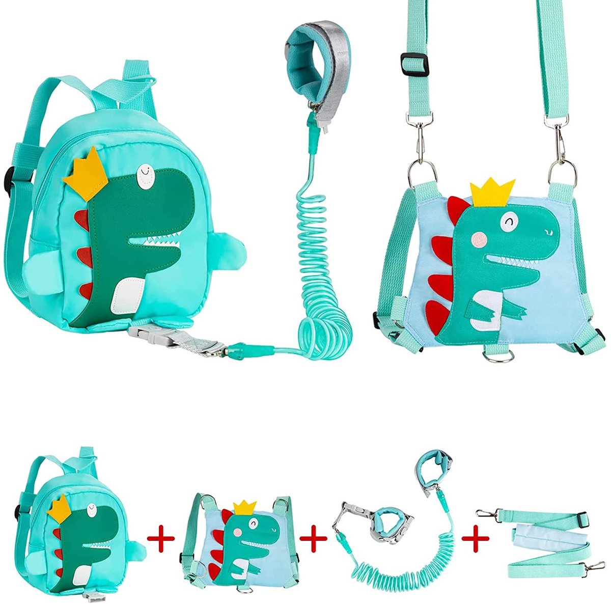 SnelShoppen - Veiligheidsharnassen voor baby's - 4-in-1 babywandelharnas met 360° draaibare anti-verlies polsschakelriem - Dinosaurus peuterrugzak met