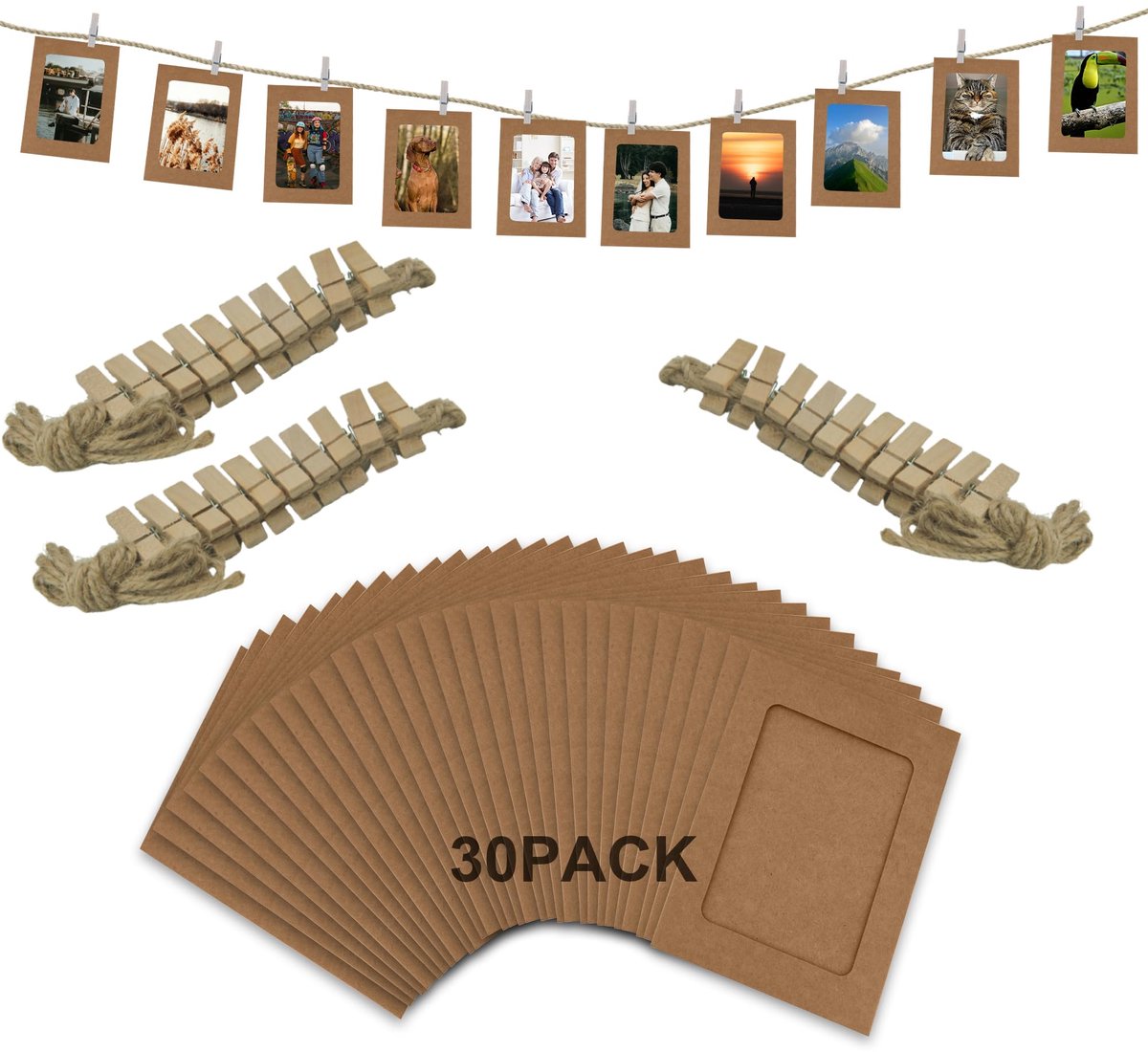 Dailygoods - 30 Pack Bruine Papieren Fotolijsten 10 x 15 cm met Ophangkoord en Knijpers - Perfect voor Decoraties