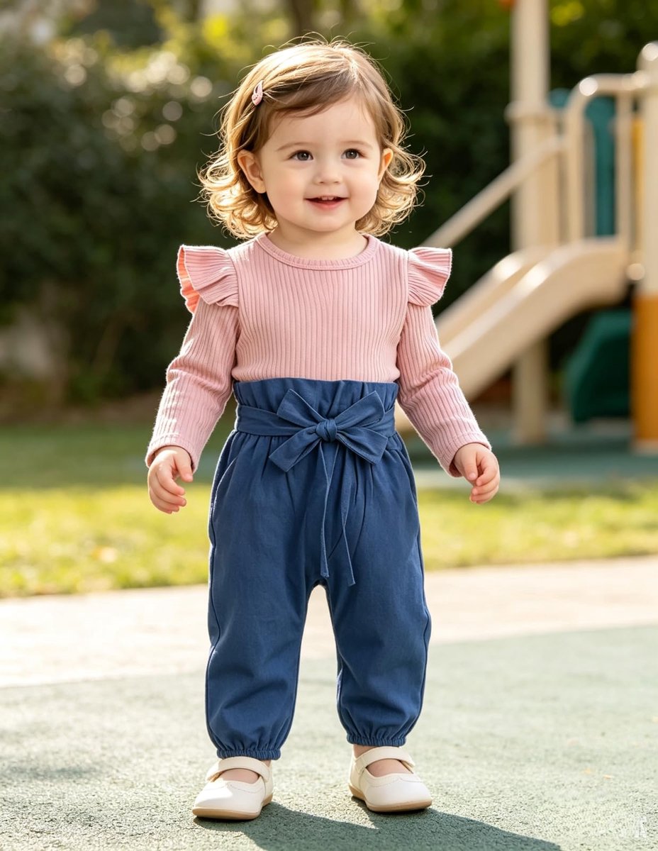 SnelShoppen - Pasgeboren Baby Meisje Outfits Kleding Set Ruffle Lange Mouw Romper met Strik Denim Broek - Roze M - Schattige Baby Kleding voor Feest e