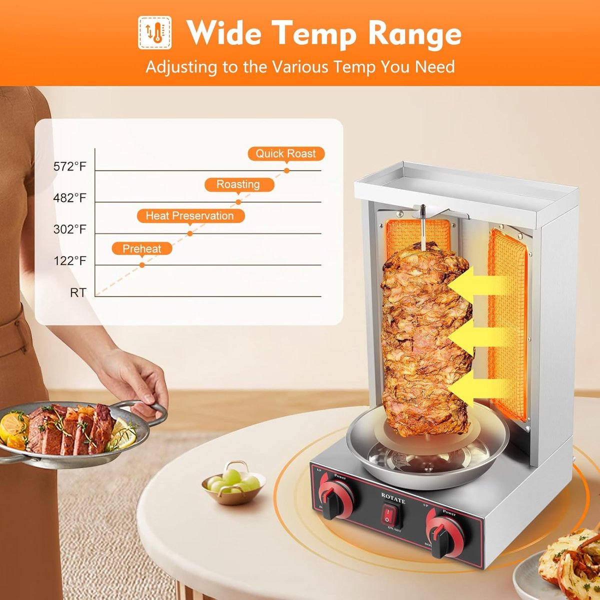 Verticale Grill - Gyros Grill Kebab Machine - Thuis Grillen - 360 Graden Rotatie - 8 kg Capaciteit - Zilver
