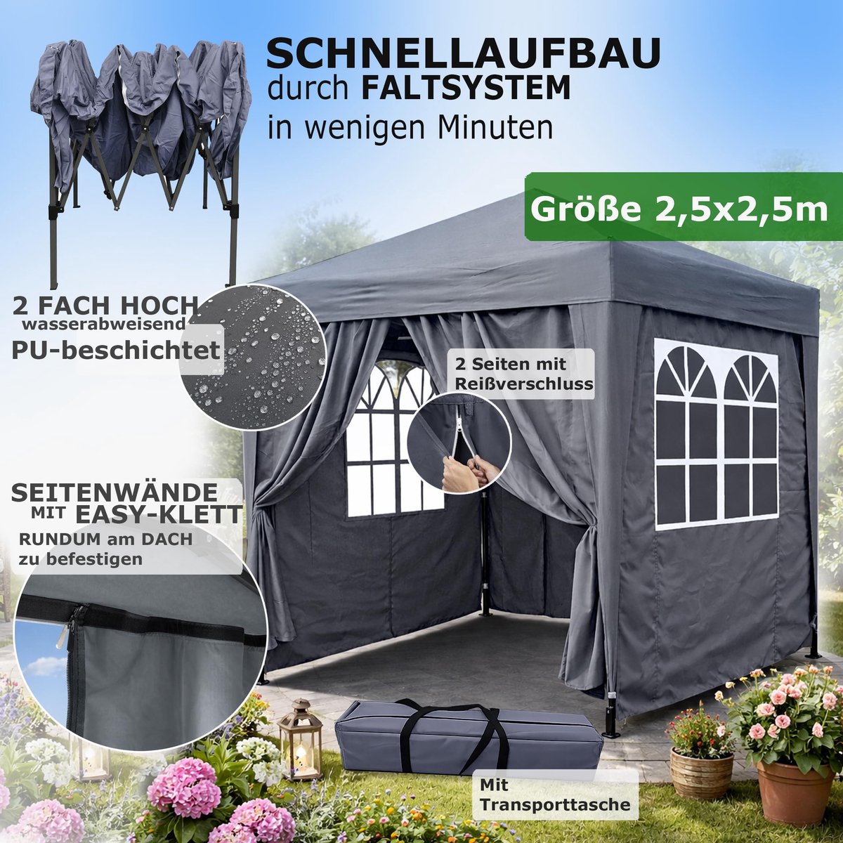 SnelShoppen - Quick Star Pop-up Paviljoen 2,5 x 2,5 m Smoky Grijs met 4 Easy Klittenband Zijwanden en 2 Ritssluitingen - Ideaal voor Feesten, Tuin, Ca