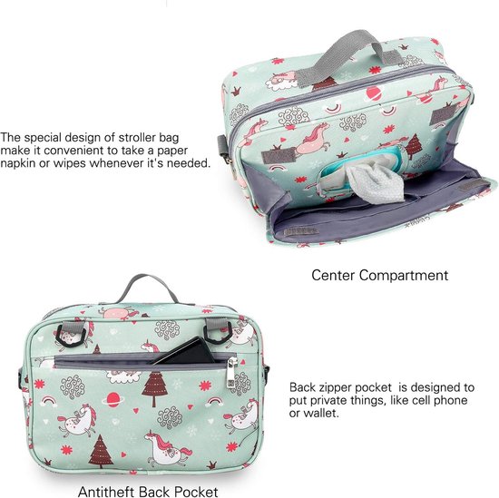 Kinderwagenorganizer, Universele kinderwagentas Kinderwagenaccessoires met schouderriem Draagbare buggytas Grote capaciteit voor luiers, speelgoed, mobiele telefoons en andere babyspullen, Eenhoorn van Kinder — afbeelding 3
