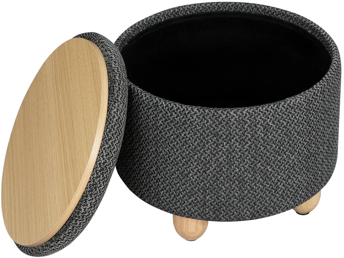 Stervia Stervia Poef - Opbergpoef - Met Opbergruimte - Houten Theeblad - Rond - Donkergrijs - 39 x 39 x 33 cm