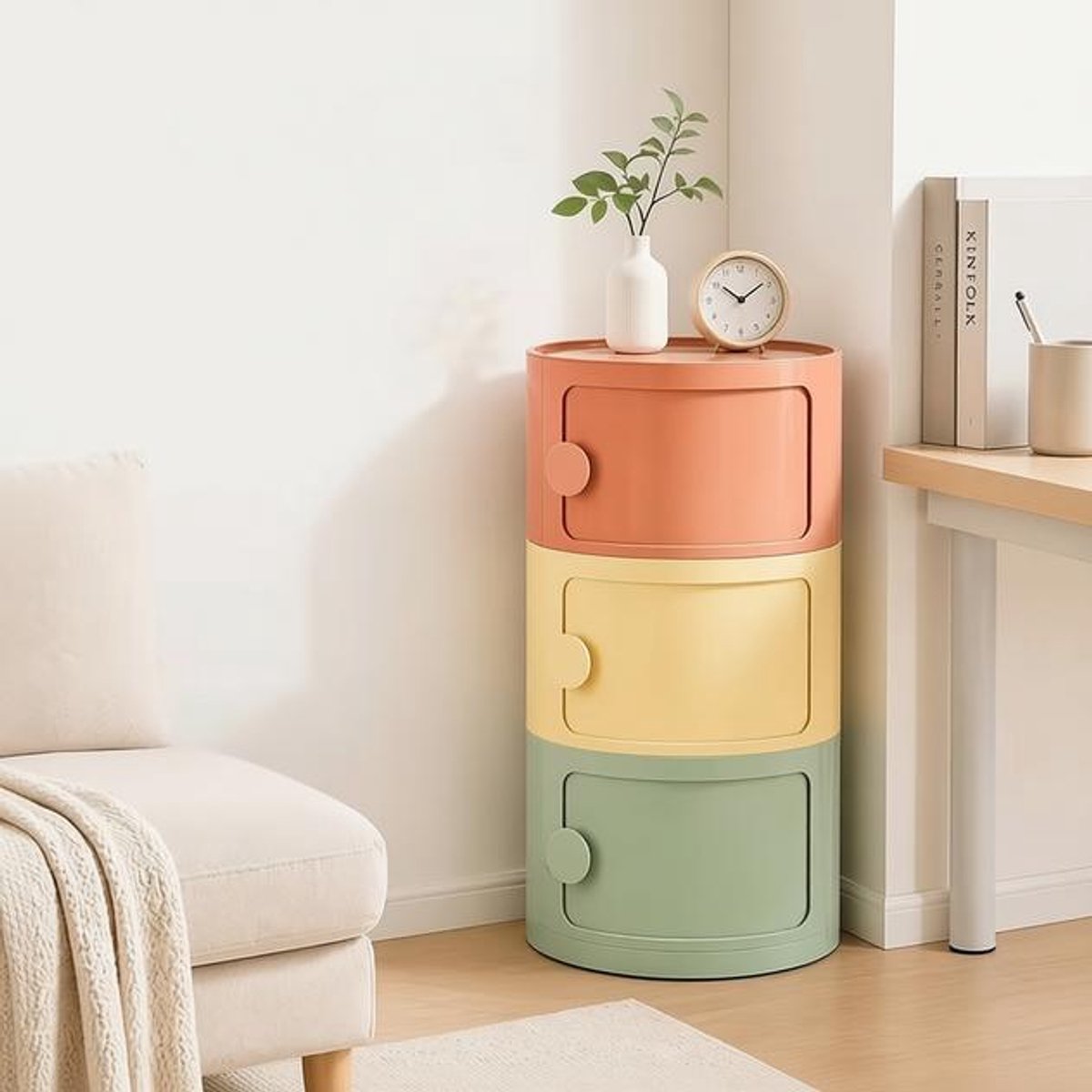 3-laags ronde opbergdoos met schuifdeur en draaibaar rek, 32 cm, 58,5 cm hoog, voor cosmetica, snacks, kantoor en slaapkamer
