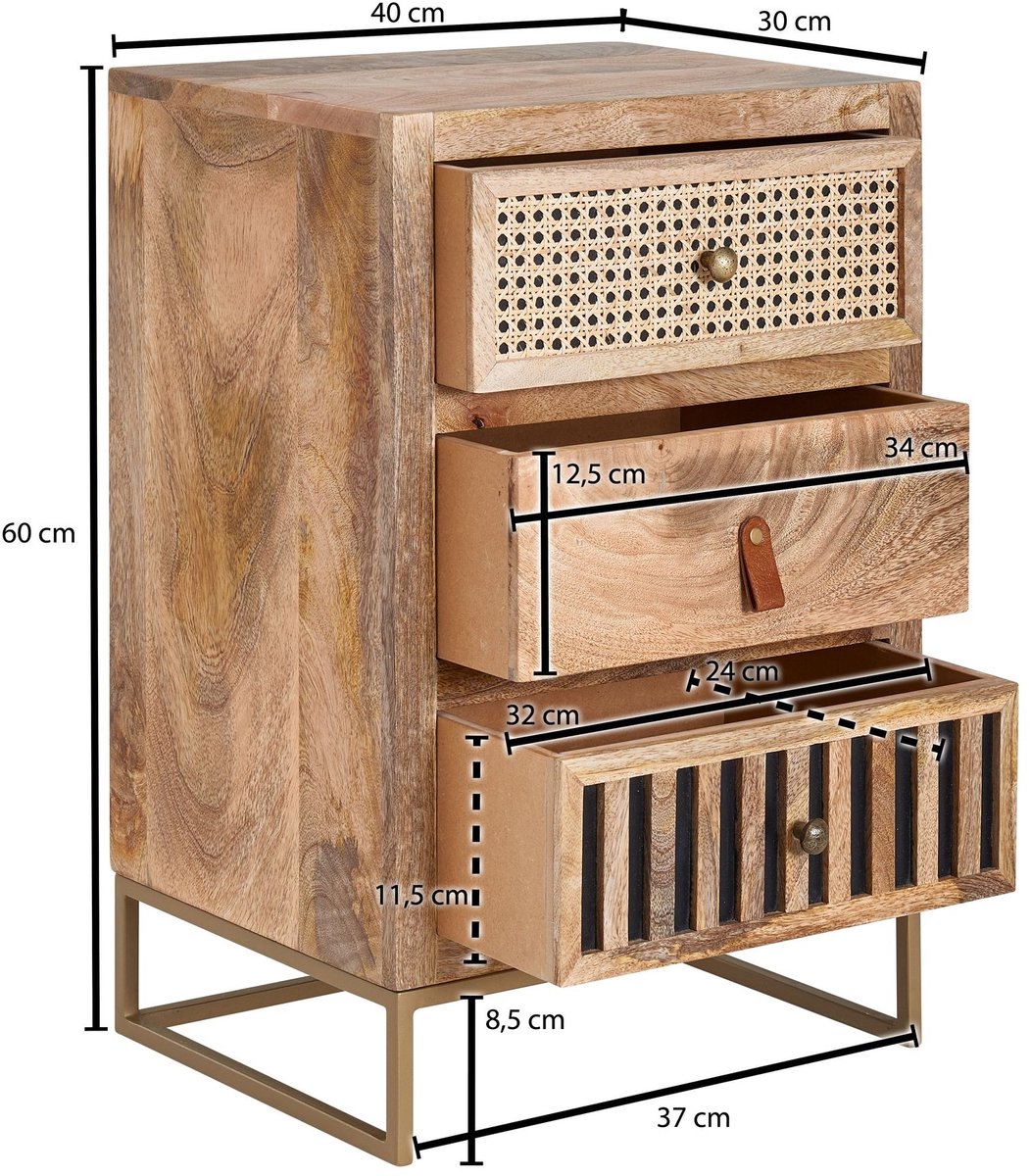 Ervesto Nachtkastje Mangohout En Metaal - 40 X 60 X 30 Cm - Industriële Nachtkast - 3 Lades - Handgemaakt - Geschikt Voor Boxspringbed