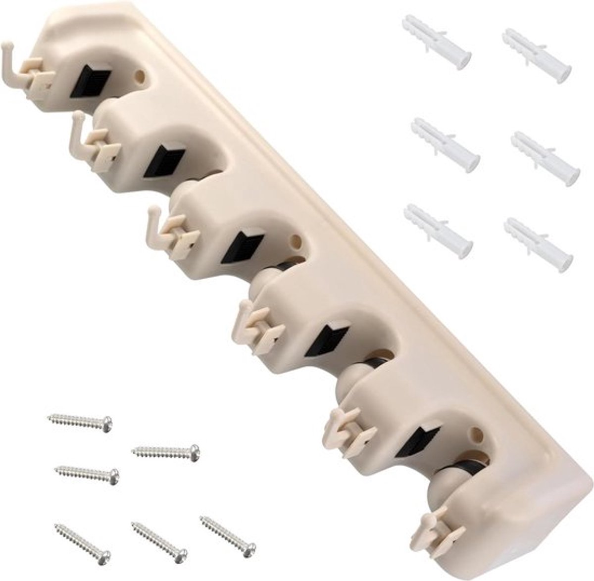 Wandhouder met gereedschapshouders en haken voor bezem, garage en tuin - Kunststof - Greepbereik 18-32 mm.
