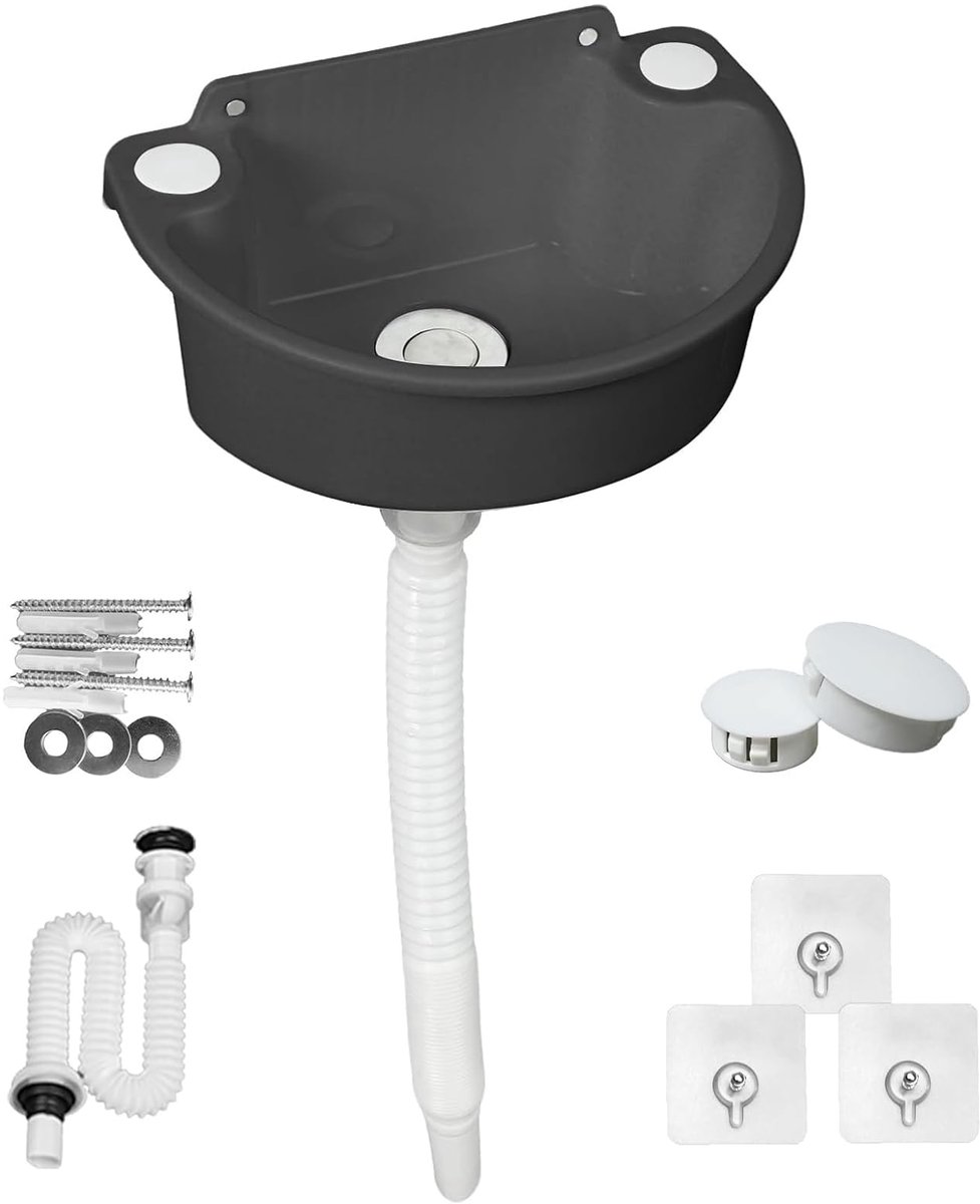 SnelShoppen - Kunststof Wastafel Camping Gootsteen Handwasbak met Slang en Afvoerplug voor Tuin, Garage, Kelder, Camper en Bouwplaats - Zwart