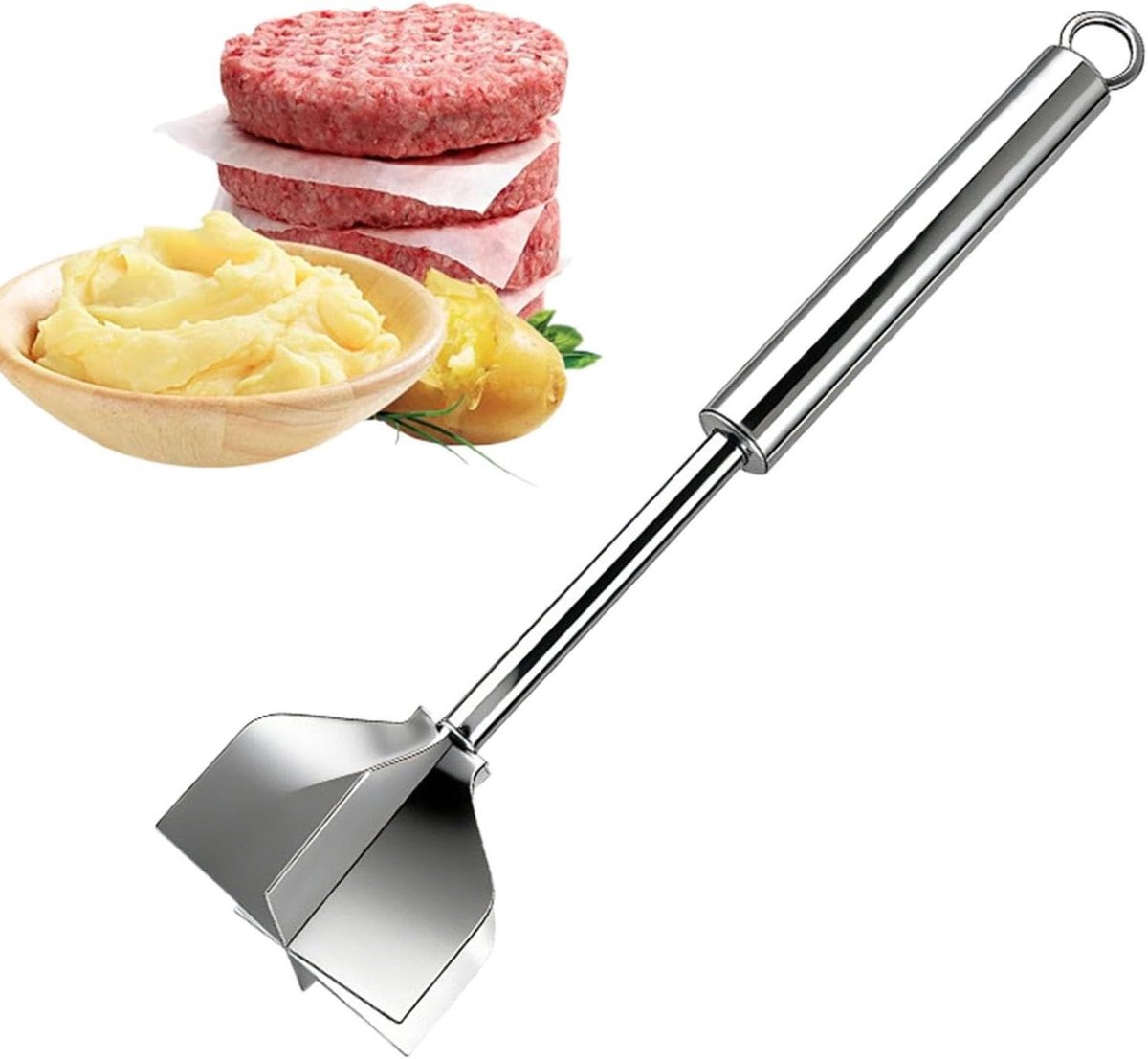 Gehaktmolen RVS - Hamburgerpers Vleesstamper - Maaltijden Bereiden - Ergonomisch Handvat - 28 x 8 x 8 cm - Zilver