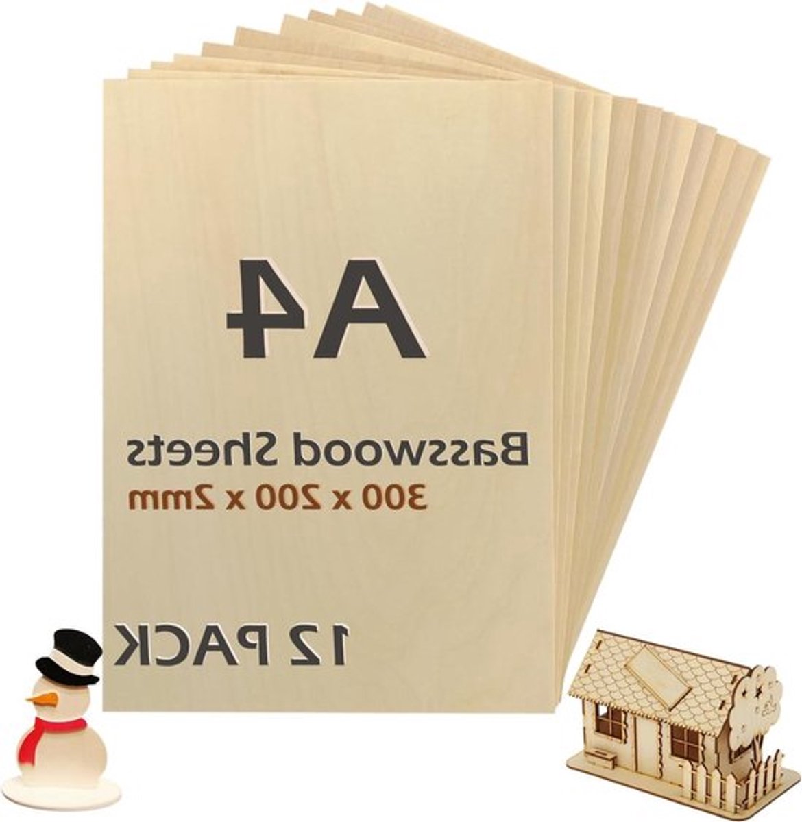 Set van 12 houten platen voor modelbouw en knutselen 200 x 300 x 2 mm