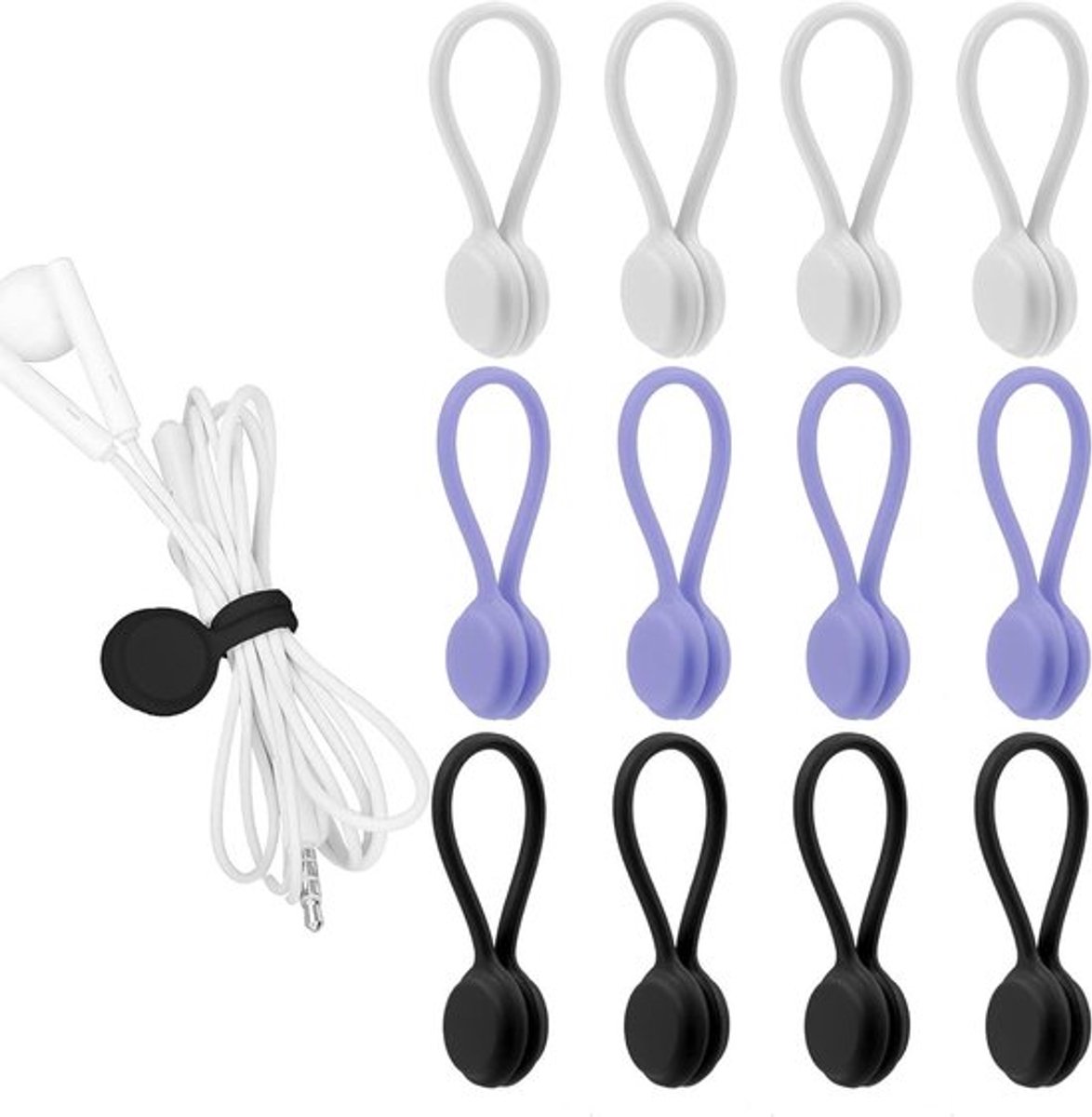 Magnetische clips voor kabelorganizer - 12 stuks - Herbruikbaar - Siliconen - Sleutelhanger - Hoofdtelefoonlijn - USB-oplaadkabel - Pennen - Zwart, Wit, Grijs