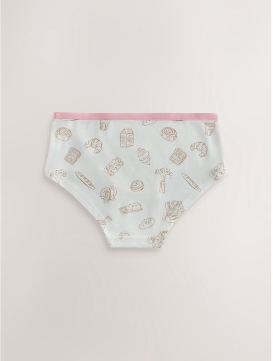 Lichtblauwe hipster met all-over print van bruine tekeningen van croissants, broodjes, drankjes en gebak. Roze rand.