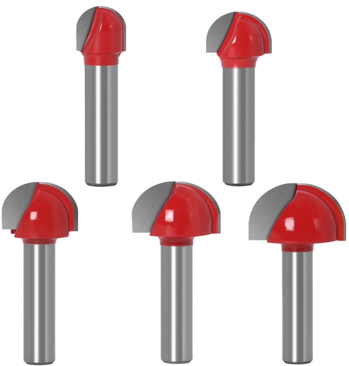 SnelShoppen - 5-delige 8 mm schacht hardmetaal bovenfrees set, holkeelfrees, rond neus Cove Core Box frees, kogelfrees voor houtbewerking - 12mm/16mm/