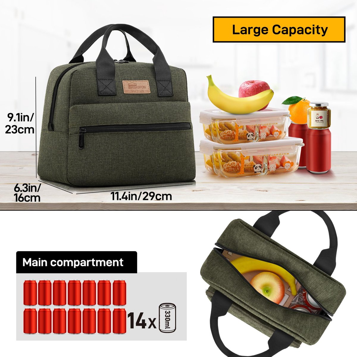 SnelShoppen - Geïsoleerde lunchtas voor dames en heren, grote capaciteit koelbox voor werk, picknick of reizen, groen, perfect voor volwassenen