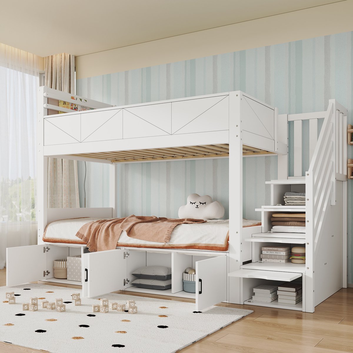 STILVORA Stapelbed 90x200 cm – Kinderbed met Stauraamtrede en Opbergkasten – Uitvalbeveiliging en Boekenplank – Wit – Zonder matras