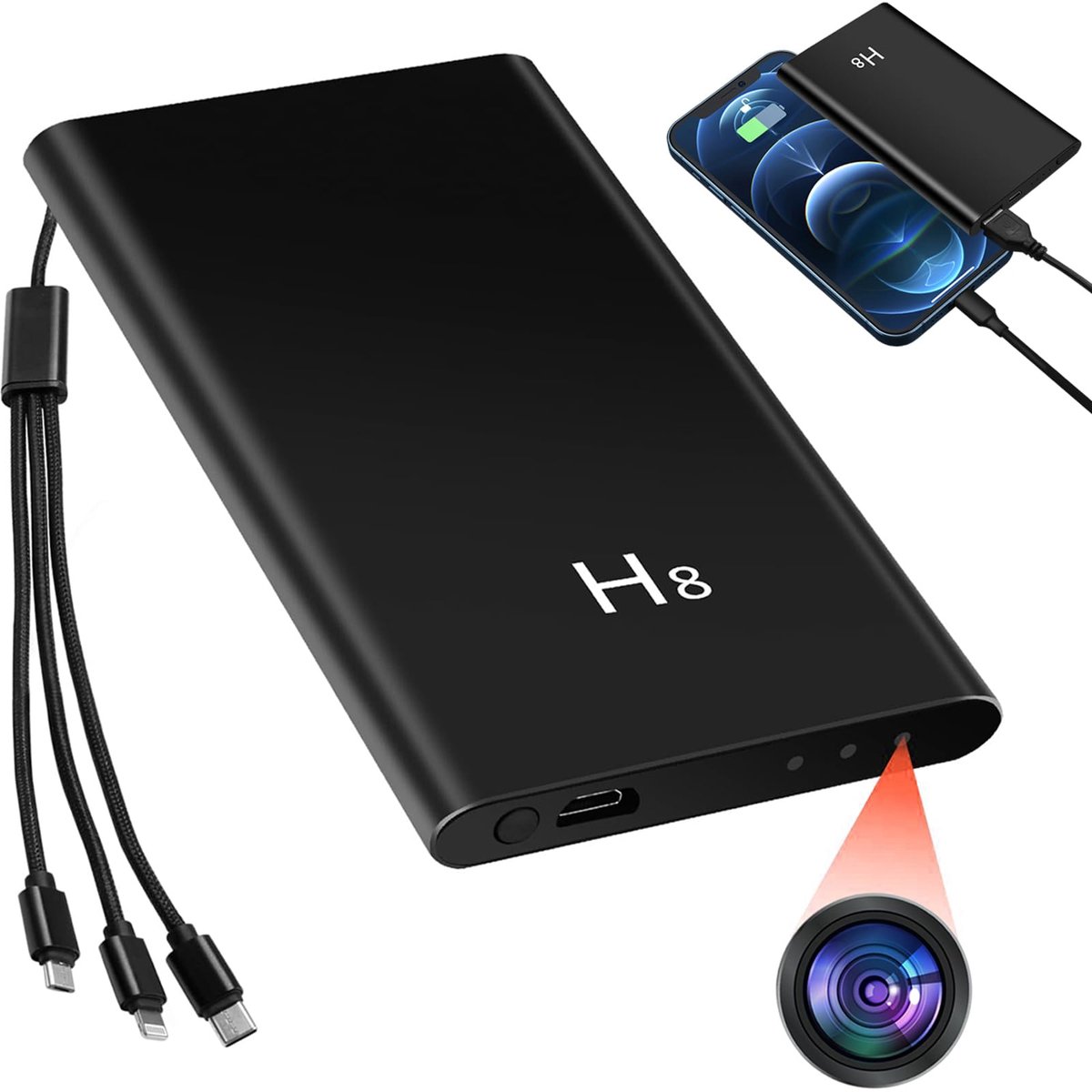 SnelShoppen - Mini-camera 1080P HD Powerbank-camera 5000mAh met nachtzicht, Zwaartekrachtsensor en 3-in-1 Oplaadkabel voor Mobiele Apparaten - Ideaal