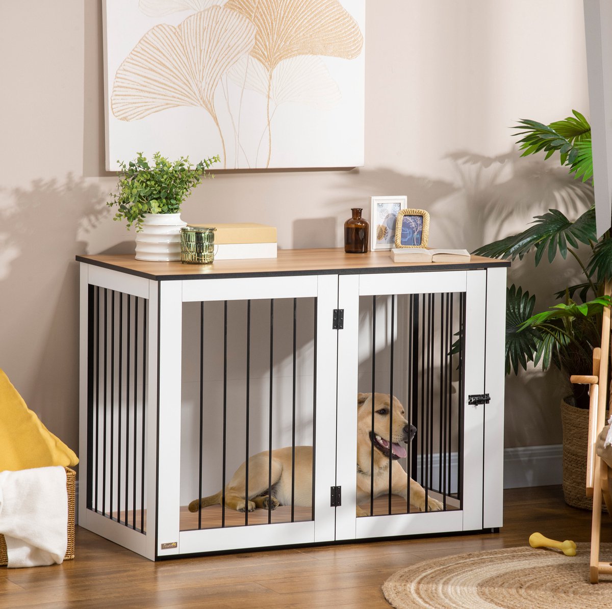 Wishdor Hondenbench - meubelmodel met opbergbare deuren - hout en staal - modern design - voor kleine en middelgrote honden - 106x60x76 cm - wit