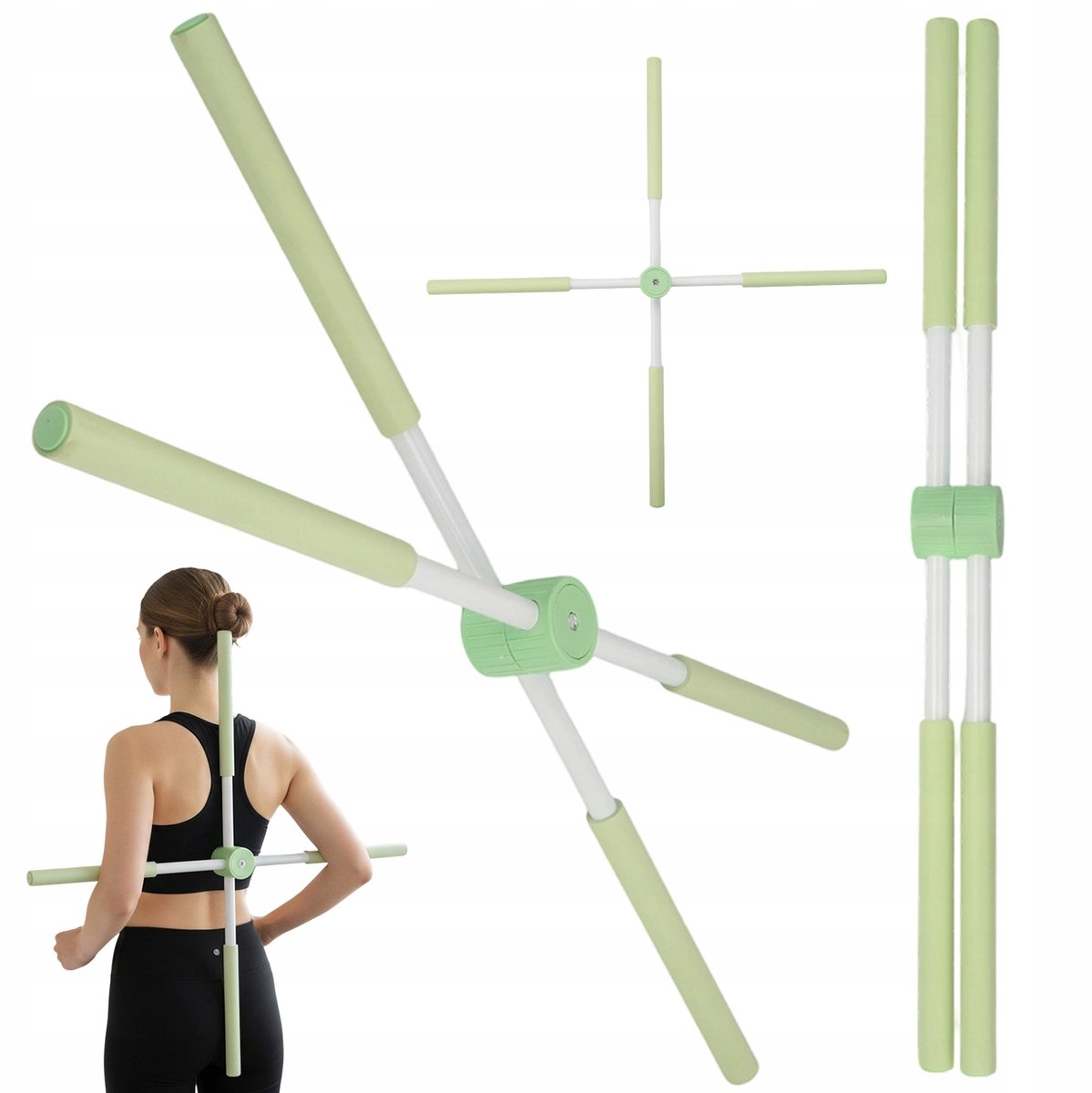 Yogastok voor Houdingscorrectie - 77 cm Yoga stick - Postuur Corrector Stang - Opvouwbaar - Zelfvergrendelend - Hulpmiddel voor Het Stretchen Van de Rug - Voor Thuis en Studio - Mintgroen