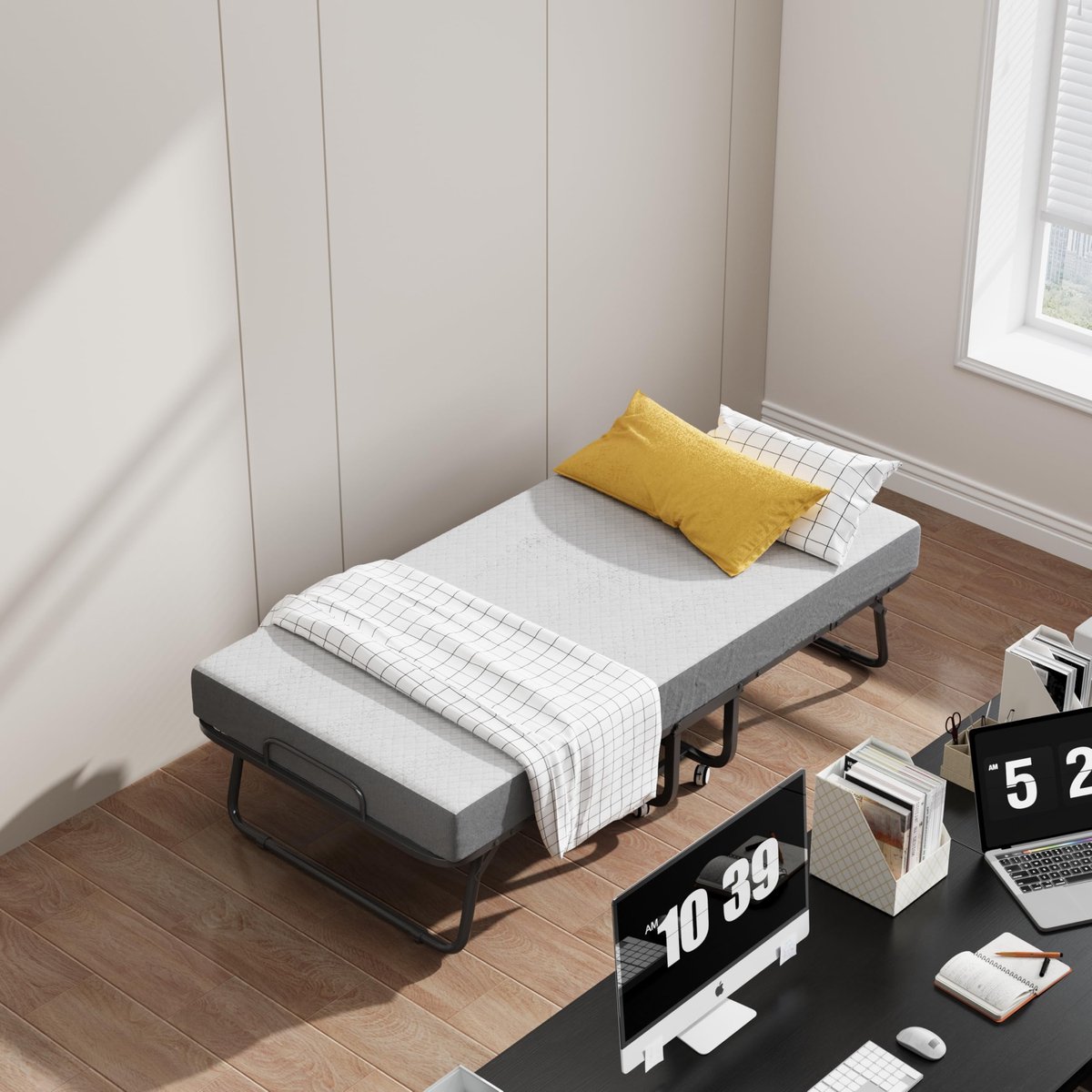 SnelShoppen - Opklapbaar Logeerbed met Matras 100x190 cm, 13 cm Dikke Matras, Vouwbed tot 200 kg, Stabiel Klapbed op Wielen met Beschermhoes voor Volw
