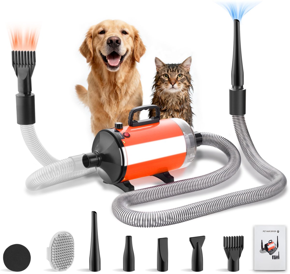 SnelShoppen - Blower Haardroger voor Honden 3200 W - Dieren Pulsapparaat met Stofzuiger - Verstelbare Snelheid en Temperatuur - Inclusief 5 Mondstukke