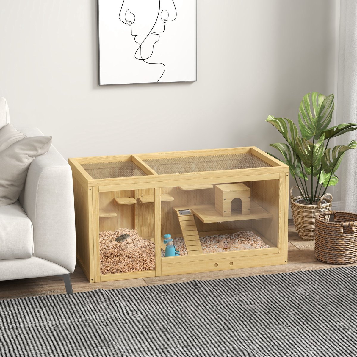 Wishdor Hamsterkäfig - houten kleintierstall - voor hamsters en gerbils - met opklapbaar dak en meerdere platforms - natuurhout - 100 cm