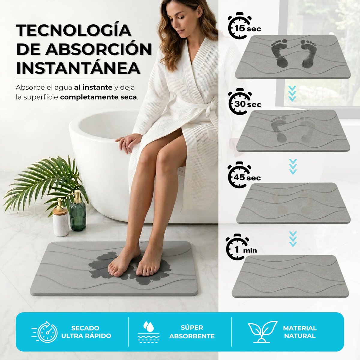SnelShoppen - Diatomiet Steen Badmat Anti-slip (60 x 39 cm) | Sneldrogende Douchemat Super Absorberend | Badkamer Vloerkleed Schimmelwerend & Hygiënis