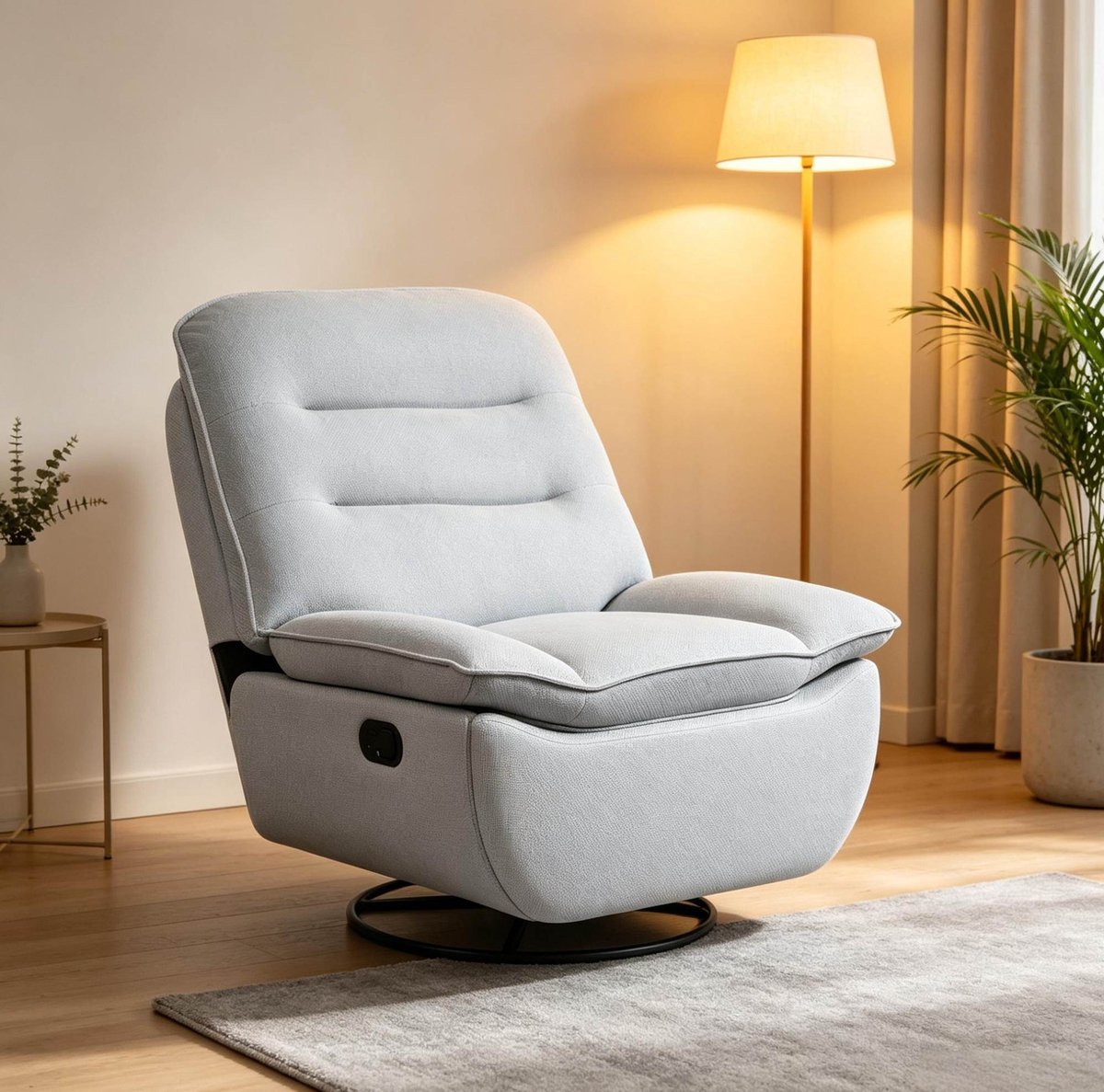 OKWISH Chaise Longue - 1-Zits Draaistoel met Voetensteun - 360 Graden Draaibaar en Schommelend - Met Verborgen Opbergruimte - Lichtblauw - Stof - Metaal