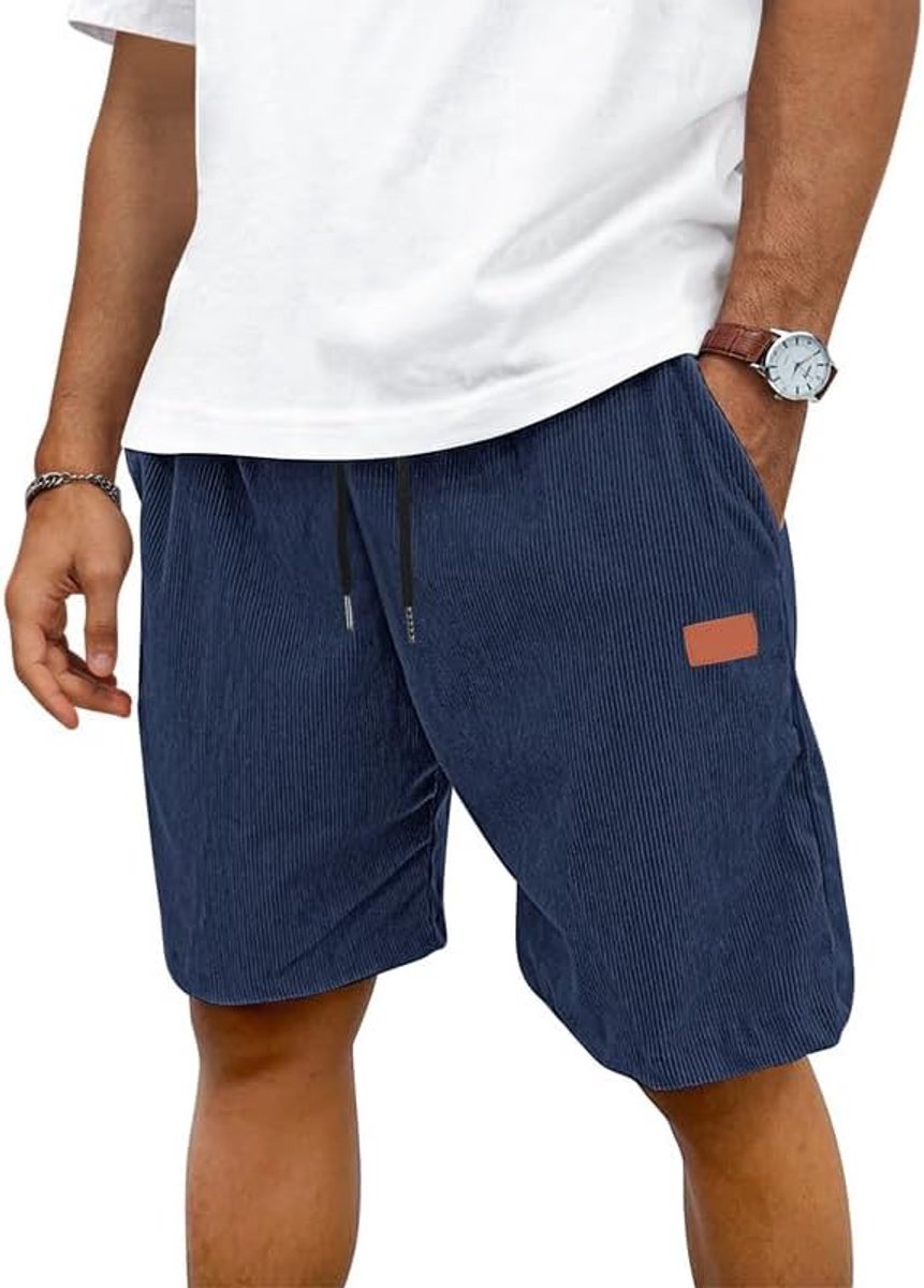 SnelShoppen - TARAINYA Corduroy Korte Broek Heren, Casual Shorts, Zomerbroek van Katoen met Trekkoord, Stretch Vrijetijdsshort met Zakken, Donkerblauw