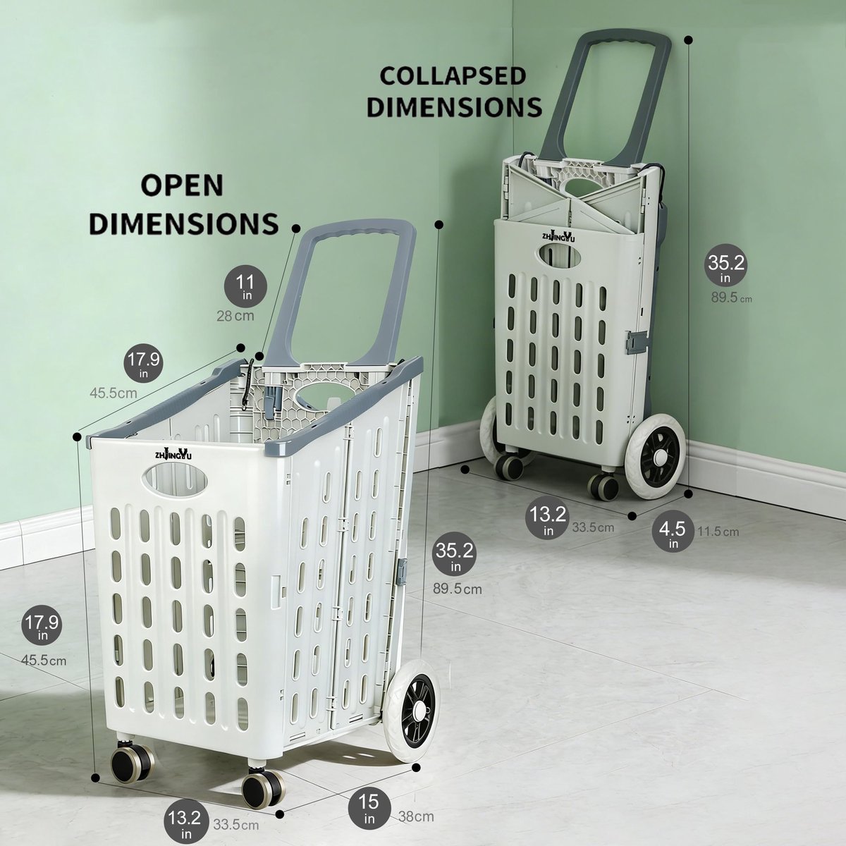 SnelShoppen - Opvouwbare Boodschappentrolley 75L - 4 Wielen - Verticaal in Kofferbak - Witgrijs - Ideaal voor Supermarkt, Reizen, Wasserij en Kantoor