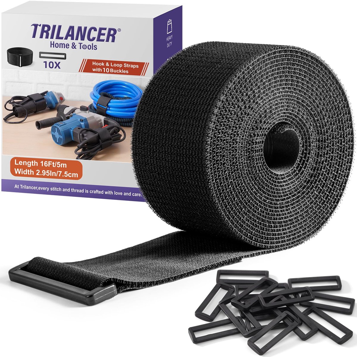 SnelShoppen - Trilancer 7.5 cm x 5 m Stevige Bevestigingsriemen met 10 Gespen – Verstelbaar, Herbruikbare Straps voor Kabels, Slangen, Buizen, Fiets,
